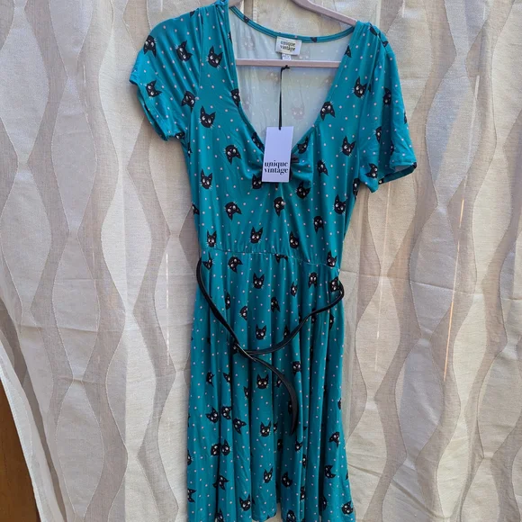 Unique Vintage Teal Cat Pattern Midi Dress - Picture 2 of 13